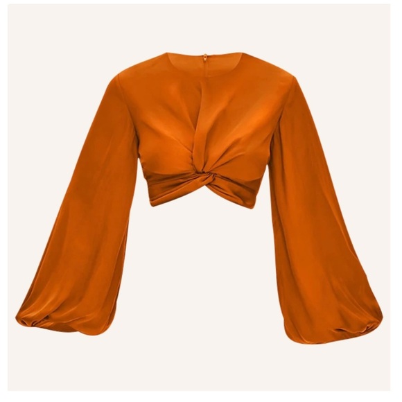 Andrea Iyamah | Bubble Sleeve Front Twist Satin Behati Rust Cropped Top | XS - Picture 4 of 15